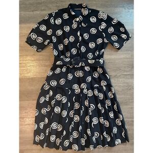 Vintage Louis Feraud Navy White Swirl Print Midi Dress Belted Pleated Collar